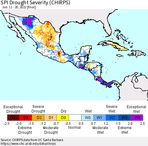 Mexico Central America and the Caribbean SPI Drought Severity (CHIRPS) Thematic Map For 6/11/2022 - 6/20/2022