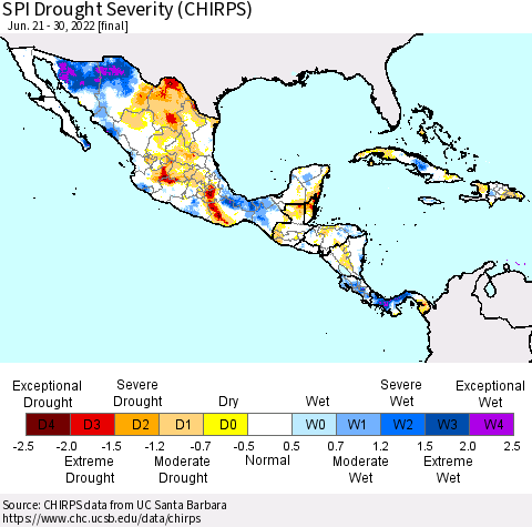 Mexico Central America and the Caribbean SPI Drought Severity (CHIRPS) Thematic Map For 6/21/2022 - 6/30/2022