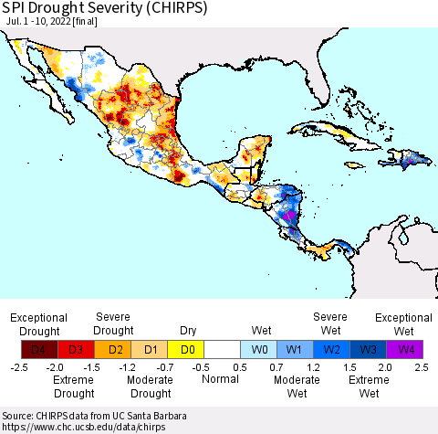 Mexico Central America and the Caribbean SPI Drought Severity (CHIRPS) Thematic Map For 7/1/2022 - 7/10/2022