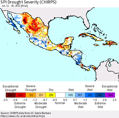 Mexico Central America and the Caribbean SPI Drought Severity (CHIRPS) Thematic Map For 7/11/2022 - 7/20/2022