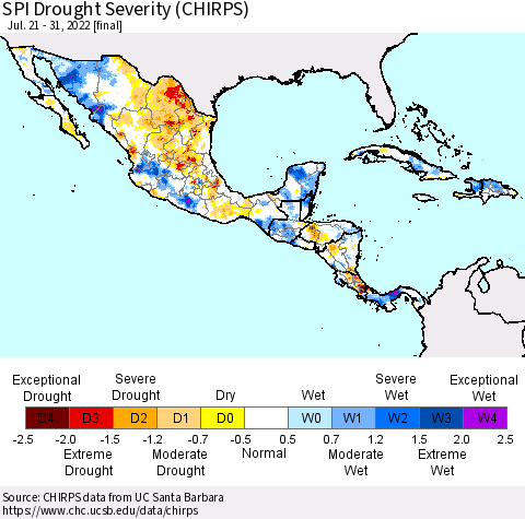 Mexico Central America and the Caribbean SPI Drought Severity (CHIRPS) Thematic Map For 7/21/2022 - 7/31/2022