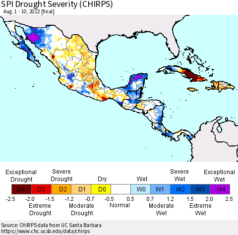 Mexico Central America and the Caribbean SPI Drought Severity (CHIRPS) Thematic Map For 8/1/2022 - 8/10/2022