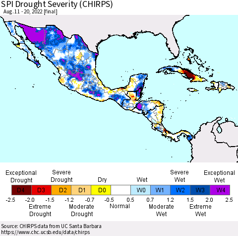 Mexico Central America and the Caribbean SPI Drought Severity (CHIRPS) Thematic Map For 8/11/2022 - 8/20/2022
