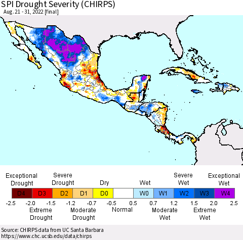 Mexico Central America and the Caribbean SPI Drought Severity (CHIRPS) Thematic Map For 8/21/2022 - 8/31/2022