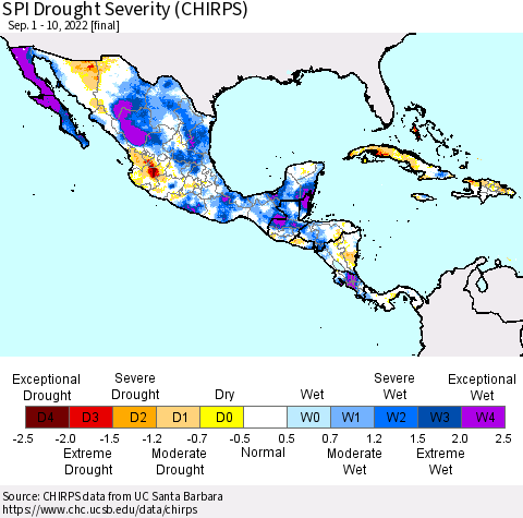 Mexico Central America and the Caribbean SPI Drought Severity (CHIRPS) Thematic Map For 9/1/2022 - 9/10/2022