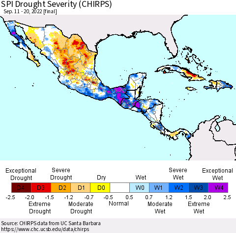 Mexico Central America and the Caribbean SPI Drought Severity (CHIRPS) Thematic Map For 9/11/2022 - 9/20/2022