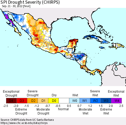 Mexico Central America and the Caribbean SPI Drought Severity (CHIRPS) Thematic Map For 9/21/2022 - 9/30/2022