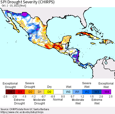Mexico Central America and the Caribbean SPI Drought Severity (CHIRPS) Thematic Map For 10/1/2022 - 10/10/2022
