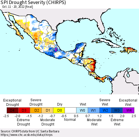 Mexico Central America and the Caribbean SPI Drought Severity (CHIRPS) Thematic Map For 10/11/2022 - 10/20/2022