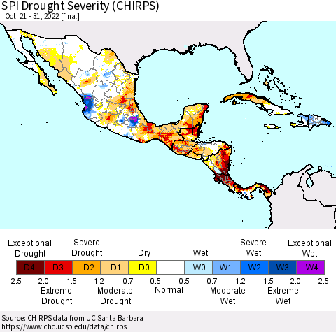 Mexico Central America and the Caribbean SPI Drought Severity (CHIRPS) Thematic Map For 10/21/2022 - 10/31/2022