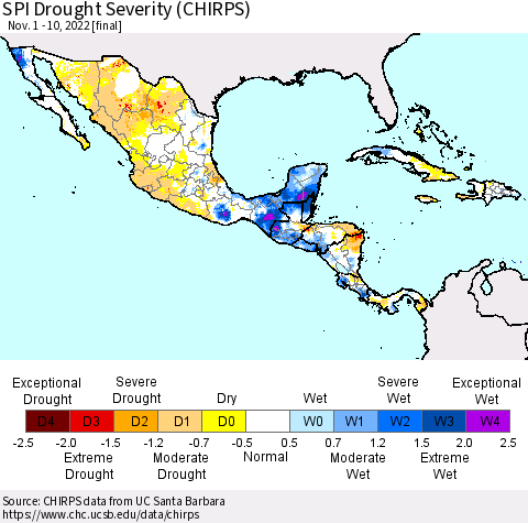 Mexico Central America and the Caribbean SPI Drought Severity (CHIRPS) Thematic Map For 11/1/2022 - 11/10/2022