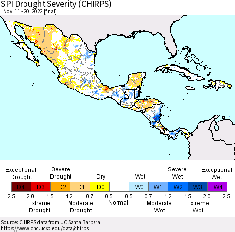 Mexico Central America and the Caribbean SPI Drought Severity (CHIRPS) Thematic Map For 11/11/2022 - 11/20/2022