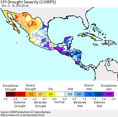 Mexico Central America and the Caribbean SPI Drought Severity (CHIRPS) Thematic Map For 11/21/2022 - 11/30/2022