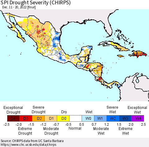 Mexico Central America and the Caribbean SPI Drought Severity (CHIRPS) Thematic Map For 12/11/2022 - 12/20/2022