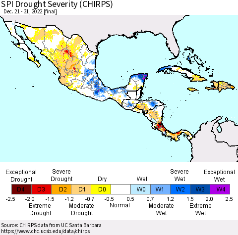 Mexico Central America and the Caribbean SPI Drought Severity (CHIRPS) Thematic Map For 12/21/2022 - 12/31/2022