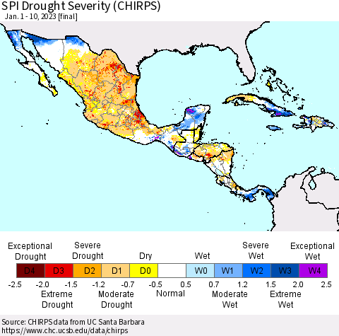 Mexico Central America and the Caribbean SPI Drought Severity (CHIRPS) Thematic Map For 1/1/2023 - 1/10/2023