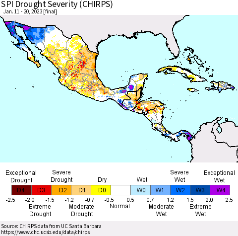 Mexico Central America and the Caribbean SPI Drought Severity (CHIRPS) Thematic Map For 1/11/2023 - 1/20/2023