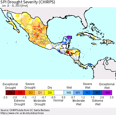 Mexico Central America and the Caribbean SPI Drought Severity (CHIRPS) Thematic Map For 1/21/2023 - 1/31/2023