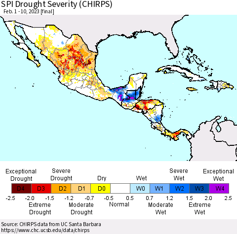 Mexico Central America and the Caribbean SPI Drought Severity (CHIRPS) Thematic Map For 2/1/2023 - 2/10/2023