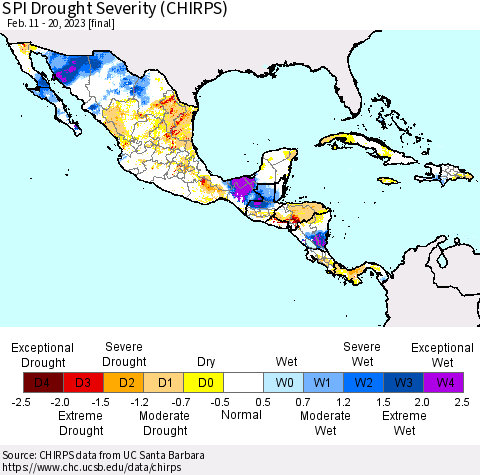 Mexico Central America and the Caribbean SPI Drought Severity (CHIRPS) Thematic Map For 2/11/2023 - 2/20/2023