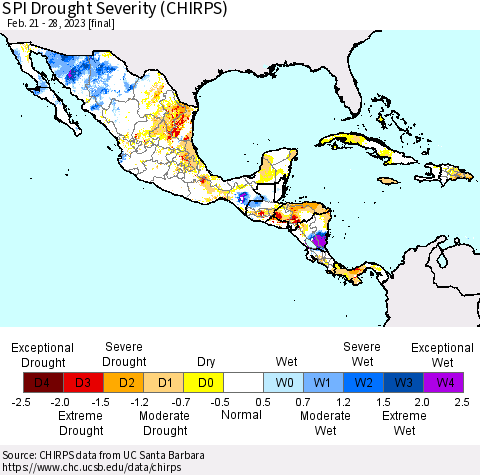 Mexico Central America and the Caribbean SPI Drought Severity (CHIRPS) Thematic Map For 2/21/2023 - 2/28/2023