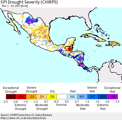 Mexico Central America and the Caribbean SPI Drought Severity (CHIRPS) Thematic Map For 3/1/2023 - 3/10/2023