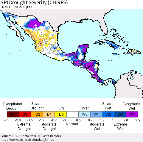 Mexico Central America and the Caribbean SPI Drought Severity (CHIRPS) Thematic Map For 3/11/2023 - 3/20/2023