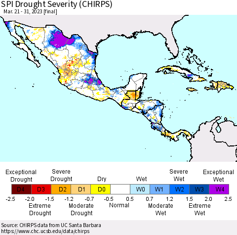 Mexico Central America and the Caribbean SPI Drought Severity (CHIRPS) Thematic Map For 3/21/2023 - 3/31/2023