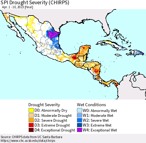 Mexico Central America and the Caribbean SPI Drought Severity (CHIRPS) Thematic Map For 4/1/2023 - 4/10/2023