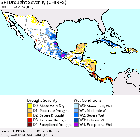 Mexico Central America and the Caribbean SPI Drought Severity (CHIRPS) Thematic Map For 4/11/2023 - 4/20/2023