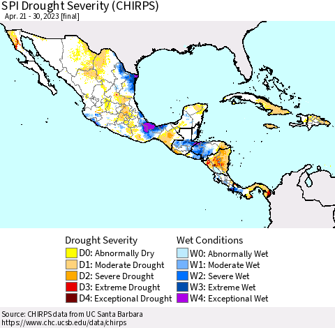 Mexico Central America and the Caribbean SPI Drought Severity (CHIRPS) Thematic Map For 4/21/2023 - 4/30/2023