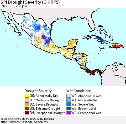 Mexico Central America and the Caribbean SPI Drought Severity (CHIRPS) Thematic Map For 5/1/2023 - 5/10/2023