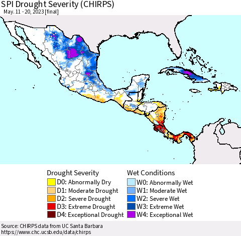 Mexico Central America and the Caribbean SPI Drought Severity (CHIRPS) Thematic Map For 5/11/2023 - 5/20/2023