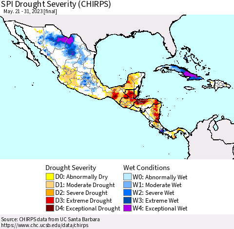 Mexico Central America and the Caribbean SPI Drought Severity (CHIRPS) Thematic Map For 5/21/2023 - 5/31/2023