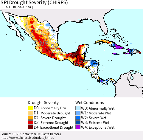 Mexico Central America and the Caribbean SPI Drought Severity (CHIRPS) Thematic Map For 6/1/2023 - 6/10/2023