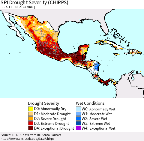 Mexico Central America and the Caribbean SPI Drought Severity (CHIRPS) Thematic Map For 6/11/2023 - 6/20/2023
