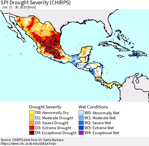 Mexico Central America and the Caribbean SPI Drought Severity (CHIRPS) Thematic Map For 6/21/2023 - 6/30/2023