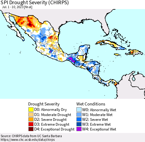 Mexico Central America and the Caribbean SPI Drought Severity (CHIRPS) Thematic Map For 7/1/2023 - 7/10/2023