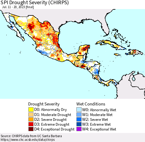 Mexico Central America and the Caribbean SPI Drought Severity (CHIRPS) Thematic Map For 7/11/2023 - 7/20/2023
