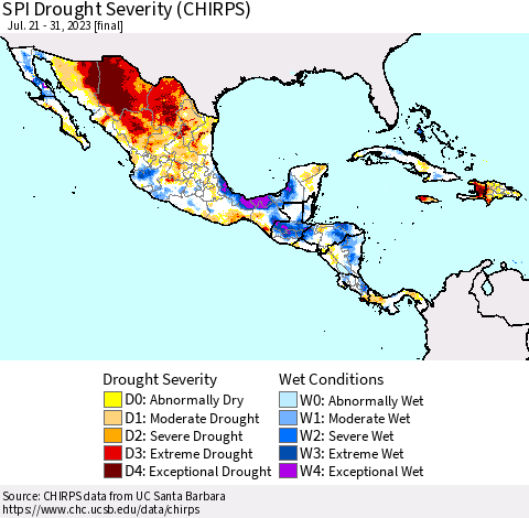 Mexico Central America and the Caribbean SPI Drought Severity (CHIRPS) Thematic Map For 7/21/2023 - 7/31/2023