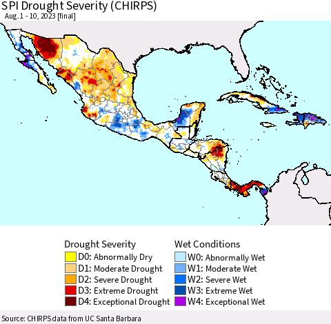 Mexico Central America and the Caribbean SPI Drought Severity (CHIRPS) Thematic Map For 8/1/2023 - 8/10/2023