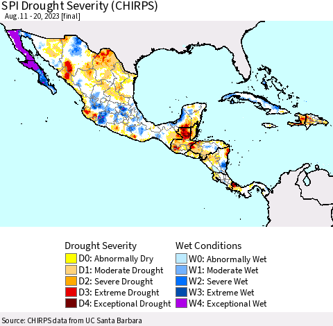 Mexico Central America and the Caribbean SPI Drought Severity (CHIRPS) Thematic Map For 8/11/2023 - 8/20/2023