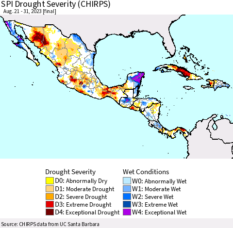 Mexico Central America and the Caribbean SPI Drought Severity (CHIRPS) Thematic Map For 8/21/2023 - 8/31/2023