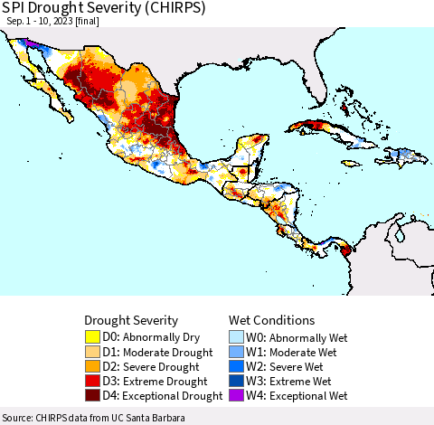 Mexico Central America and the Caribbean SPI Drought Severity (CHIRPS) Thematic Map For 9/1/2023 - 9/10/2023