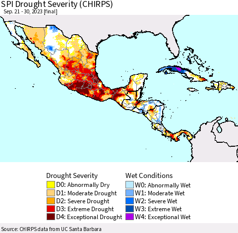 Mexico Central America and the Caribbean SPI Drought Severity (CHIRPS) Thematic Map For 9/21/2023 - 9/30/2023
