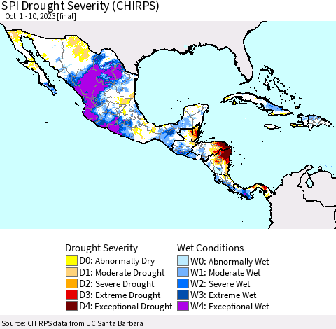 Mexico Central America and the Caribbean SPI Drought Severity (CHIRPS) Thematic Map For 10/1/2023 - 10/10/2023