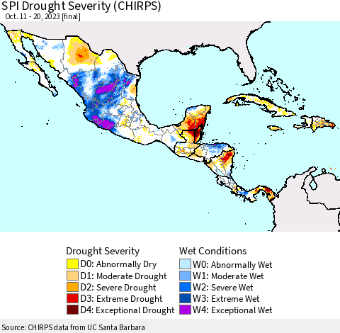 Mexico Central America and the Caribbean SPI Drought Severity (CHIRPS) Thematic Map For 10/11/2023 - 10/20/2023