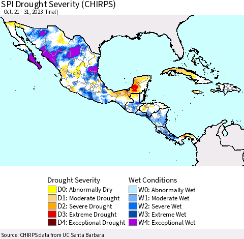 Mexico Central America and the Caribbean SPI Drought Severity (CHIRPS) Thematic Map For 10/21/2023 - 10/31/2023