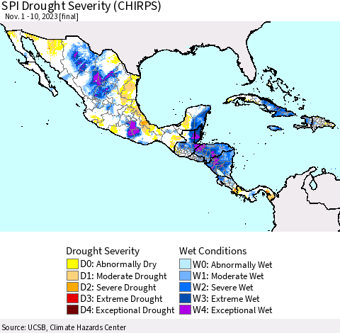 Mexico Central America and the Caribbean SPI Drought Severity (CHIRPS) Thematic Map For 11/1/2023 - 11/10/2023