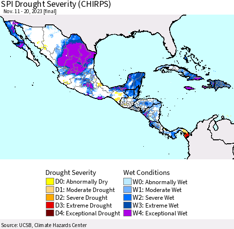 Mexico Central America and the Caribbean SPI Drought Severity (CHIRPS) Thematic Map For 11/11/2023 - 11/20/2023
